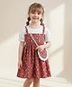 The Kids Club Cotton Blend Woven Half Puffed Sleeves Floral Printed Pinafore Styled Dress With Sling Bag - Maroon