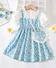 The Kids Club Cotton Blend Woven Half Puffed Sleeves Floral Printed Pinafore Styled Dress With Sling Bag - Blue