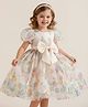 The Kids Club Cotton Blend Knit Half Puffed Sleeves Bow Applique Detailed Floral & Butterfly Foil Printed Dress - Cream
