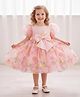 The Kids Club Cotton Blend Knit Half Puffed Sleeves Bow Applique Detailed Floral & Butterfly Foil Printed Dress  - Pink