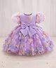 The Kids Club Cotton Blend Knit Half Puffed Sleeves Bow Applique Detailed Floral & Butterfly Foil Printed Tulle Dress - Purple