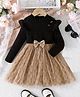 The Kids Club Cotton Blend Woven Full Sleeves Bow Applique Detailed Dress - Black & Beige