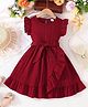 The Kids Club Cotton Blend Woven Frill Sleeves Knot  Detailed Overlap Dress - Maroon