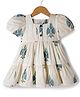 melon Cotton Woven Half Sleeves One Piece Dresses With Floral Print - Beige
