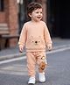 Babyoye Terry Knit Full Sleeves Winter Wear T-Shirt & Lounge Pant Set with Bear Applique & Pocket -Light Red