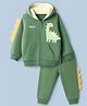 Babyoye 100% Cotton Heavy Guage 3 Thread Terry Full Sleeves Hooded Sweat Jacket & Lounge Pant Set with Dino Print & Applique - Green