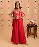 Tiny Kingdom Woven Sleeveless Mirrorwork & Threadwork Detailed Floral & Paisley Embroided Top & Palazzo Set With Dupatta - Red
