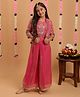 Tiny Kingdom Tissue Woven Three Fourth Sleeves Floral Embroidered Top & Palazzo With Jacket - Pink