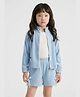Taffykids Knit Top & Double Tape Bow Tie Up Detail Shorts Set With Full Sleeves Drawstring Detail Front Zipper Jacket - Blue & White