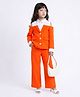 Taffykids Woven Full Sleeves Cold Shoulder Shirt Blazer Top And Matching Pant Set-Orange & White