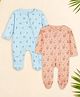 Kidbea Cotton Woven Pack Of 2 Full Sleeves Vehicles & Animal Printed Footed Rompers - Sky Blue & Peach