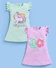 blushh berry Cotton Knit Pack Of 2 Frill Sleeves Unicorn & Floral Printed Dresses - Green & Pink