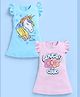 blushh berry Cotton Knit Pack Of 2 Frill Sleeves Unicorn & Floral Printed Dresses - Blue & Pink