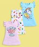 blushh berry 100% Cotton Knit Pack Of 3 Sleeveless Unicorn Flower And Wild Text Printed Aline Dress - Blue,White,Pink