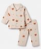 Child World Muslin Knit Full Sleeves Co-ord Shirt & Pajama Night Suit with Teddy & Paw Print - Peach