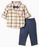Child World Woven Full Sleeves Checked Shirt and Pant Set With Bow - Navy Blue