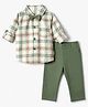 Child World Woven Full Sleeves Checked Shirt and Pant Set With Bow - Green