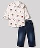 Child World Cotton Woven Full Sleeves Shirt and Denim Pant with Bear Print - White & Navy Blue