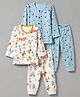 OHMS Single Jersey Knit Full Sleeves Co-Ords T-Shirt & Pyjama Night Suit with Animal, Vehicle & Nautical Theme Print Pack of 2 - Sky Blue & Offwhite