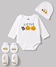 Doodle Poodle 100% Cotton Interlock Knit Full Sleeves Printed Onesie With Cap Mittens & Booties - White