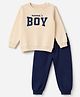 Doodle Poodle 100% Cotton Looper Terry Knit Full Sleeves Winter Wear Suit With Text Print - Beige & Navy Blue