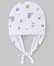 Babyhug 100% Cotton Interlock Knit Ear Flap Cap with Bear & rabbit Print White - Diameter 17.5 cm