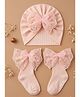 Kidofash Cotton Spandex Knit Bow Applique Detailed Socks  With Turban Cap - Pink - Circumference - 30 Cm