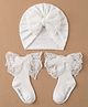 Kidofash Cotton Spandex Knit Bow Applique Detailed Socks With Turban Cap - White - Circumference - 30 Cm