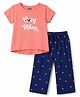 Pine Kids Cotton Knit Half Sleeves T-Shirt & Pajama Night Suit with Hearts & Text Print - Coral