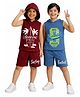 KUCHIPOO Cotton Knit Pack Of 2 Sleeveless Surfing & Football Theme Printed Hooded Tee & Shorts Set - Maroon & Blue