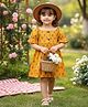 Cutiekins Cotton Woven Half Puffed Sleeves Floral Printed Dress - Mustard