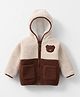Bonfino Woven Full Sleeves Bear Patch Sherpa Color Block Quilted Hooded Jacket - OffWhite
