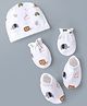 Babyhug 100% Cotton Knit Animal Printed Cap Mittens & Booties Set White - Diameter 30 cm