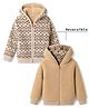Yellow Apple Knit Full Sleeves Hooded Front Open Reversible  Sweater with Chevron Design -  Tan