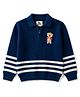 Yellow Apple Knit Full Sleeves Striped Collar Neck Sweater with Bear Design - Navy