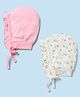 Babyhug 100% Cotton Interlock Knit Caps with Frill Details & Floral Polka Dot Print Pack of 2 Pink Off White - Diameter 15.5 cm