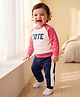 Doodle Poodle 100% Cotton Looper Terry Knit Light Weight Full Sleeves Winter Wear Suit With Cute Text Print - Dark Pink, Navy & White