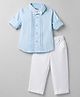 Babyoye Interlock Knit Full Sleeves Solid Shirt & Pant Set With Bow - Light Blue & White