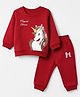 Doodle Poodle 100% Cotton Terry Knit Full Sleeves T-Shirt & Joggers Set with Unicorn Print in Red
