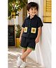Woonie Cotton Woven Half Sleeves Geometric Embroidered Shirt & Shorts Set - Black