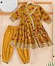 House of Raavi Cotton Woven Three Fourth Sleeves Floral Printed Angrakha Style Kurti & Pants Set - Yellow