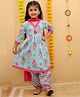 House of Raavi Cotton Woven Three Fourth Sleeves Floral Printed Kurti & Pants Set With Dupatta - Blue