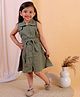 Junitos Cotton Woven Sleeveless Solid Shirt Style Dress - Olive Green
