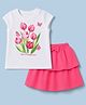 Babyoye Single Jersey Cotton Knit Half Sleeves Top With Floral Print & Skirt With Bow Applique - White & Pink