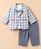 Robo Fry Cotton Woven Full Sleeves Tee & Trouser Set With Checked Blazer & Bow - Blue