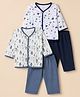 OHMS Single Jersey Knit Full Sleeves T-shirt & Pyjama Co-ords Night Suit With Teddy Bear & Car Print Pack of 2 - White & Navy