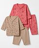 OHMS Single Jersey Knit Full Sleeves T-shirt & Pyjama Co-ords Night Suit With Sheep & Mushroom Print Pack of 2 - Light Brown & Dark Pink