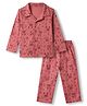 OHMS Single Jersey Knit Full Sleeves Front Open Co-ord Shirt & Pajama Night Suit with Llama Print - Red