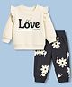 Doodle Poodle 100% Cotton Looper Terry Knit Full Sleeves Winter Wear Suit With Floral & Text Print - Black & Cream