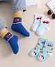 Cute Walk by Babyhug Knit Ankle Length Antibacterial Socks with Stripes & Dino Design Pack of 3 - Blue